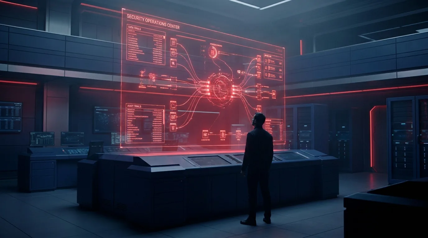 An analyst reviewing a glowing red AI decision and audit-trail graph in a dark security operations center