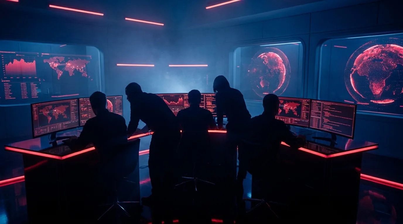 An engineering team collaborating in a dark operations room